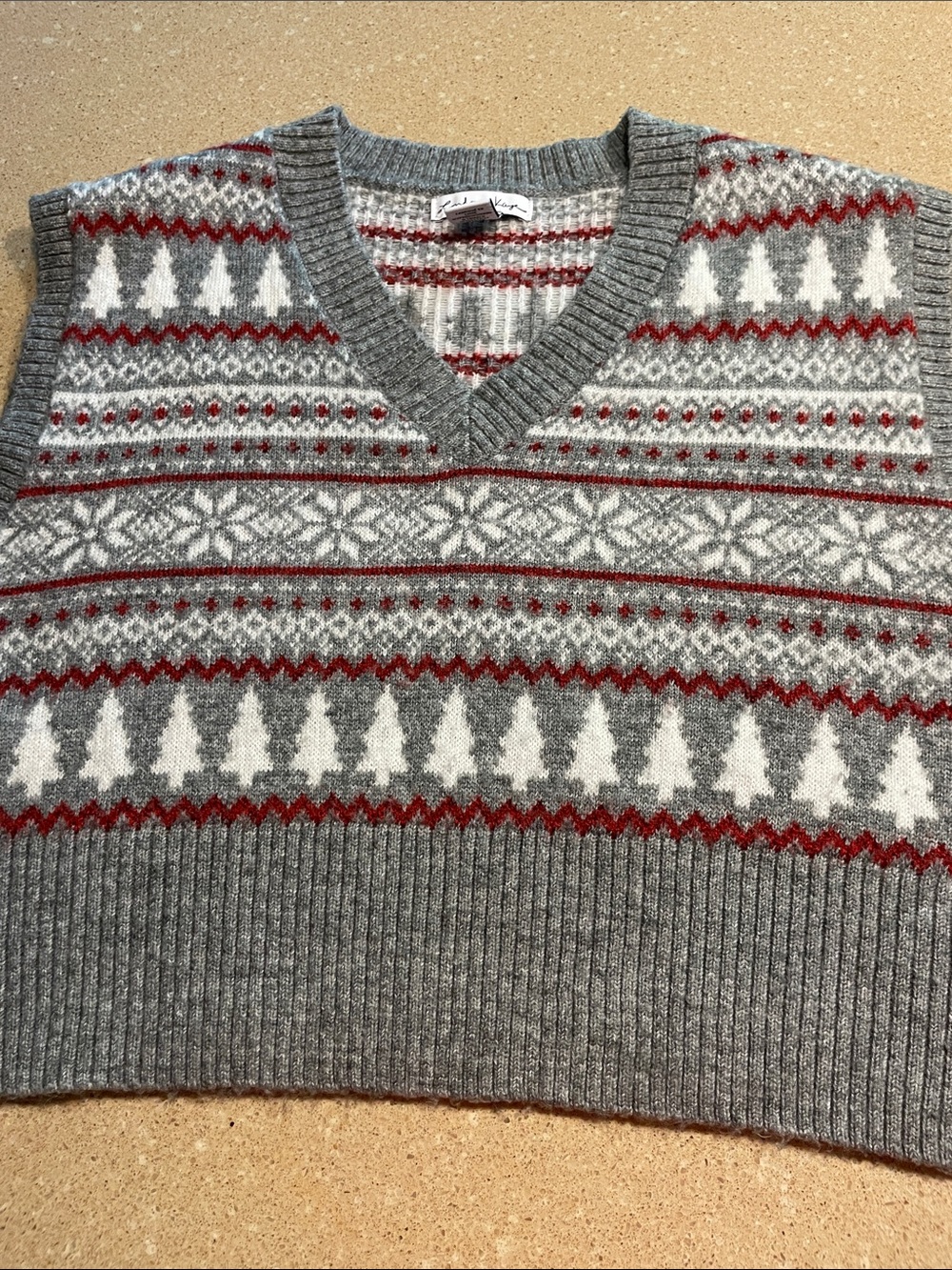Men's Grey Fair Isle V-Neck Sweater Vest with Red and White Pattern
